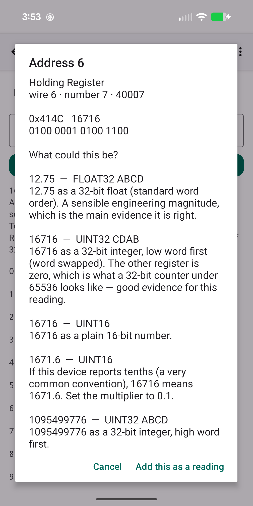 Easy Modbus showing ranked interpretations of a register such as a word-swapped 32-bit float, with reasoning