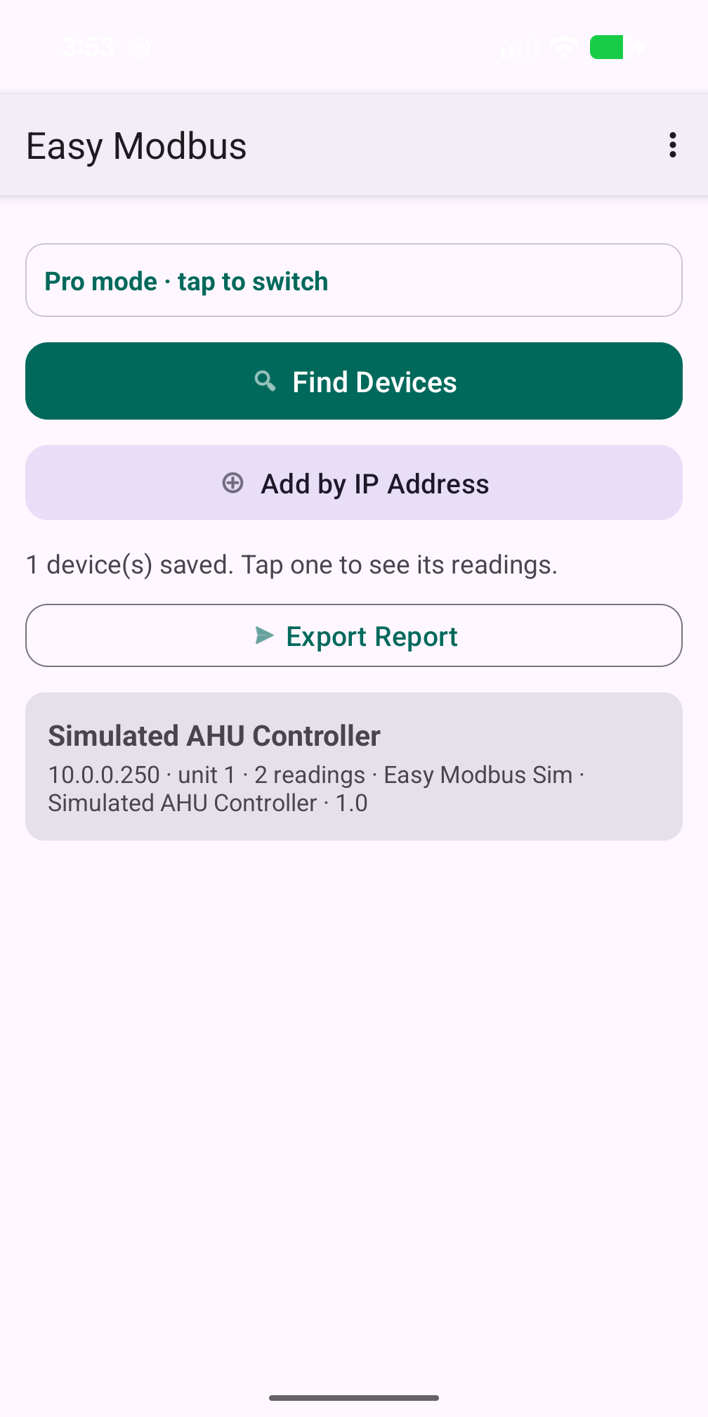 Easy Modbus device list showing saved Modbus devices with their addresses and unit IDs