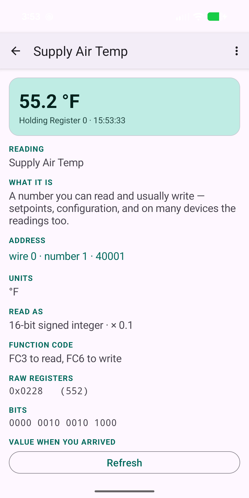 A saved reading in Easy Modbus showing its decoded value, address, data type, scaling and units
