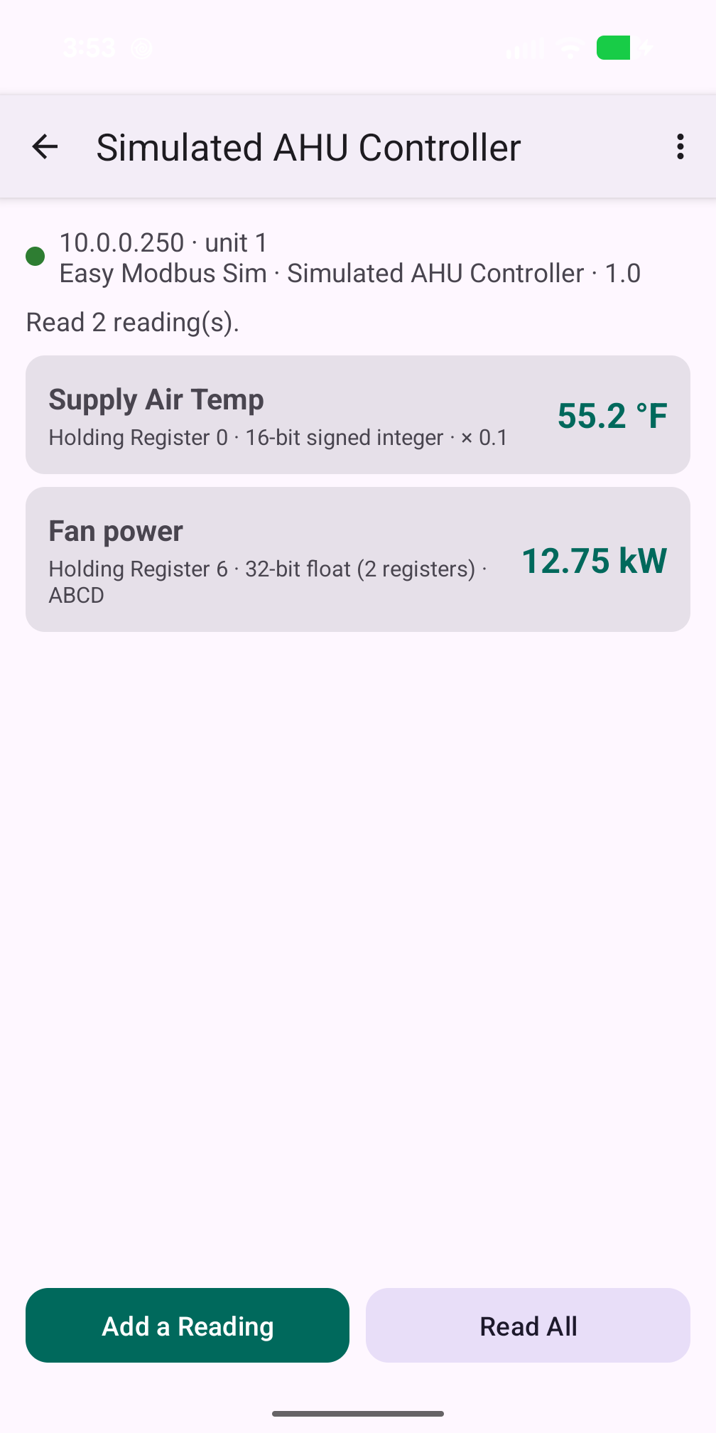Easy Modbus reading list with named readings, live values and units