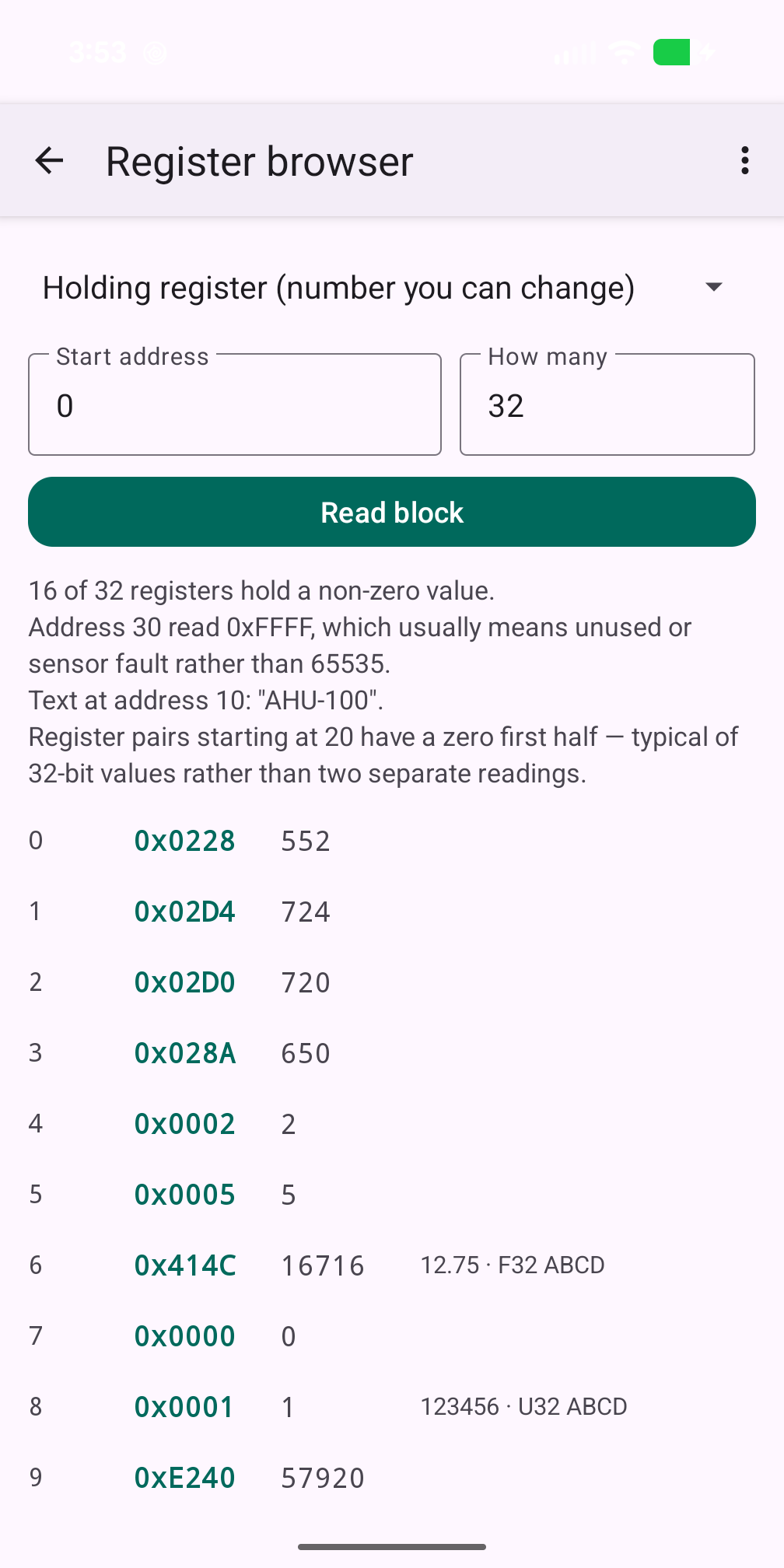 Pro-mode register browser listing raw registers in hex and decimal