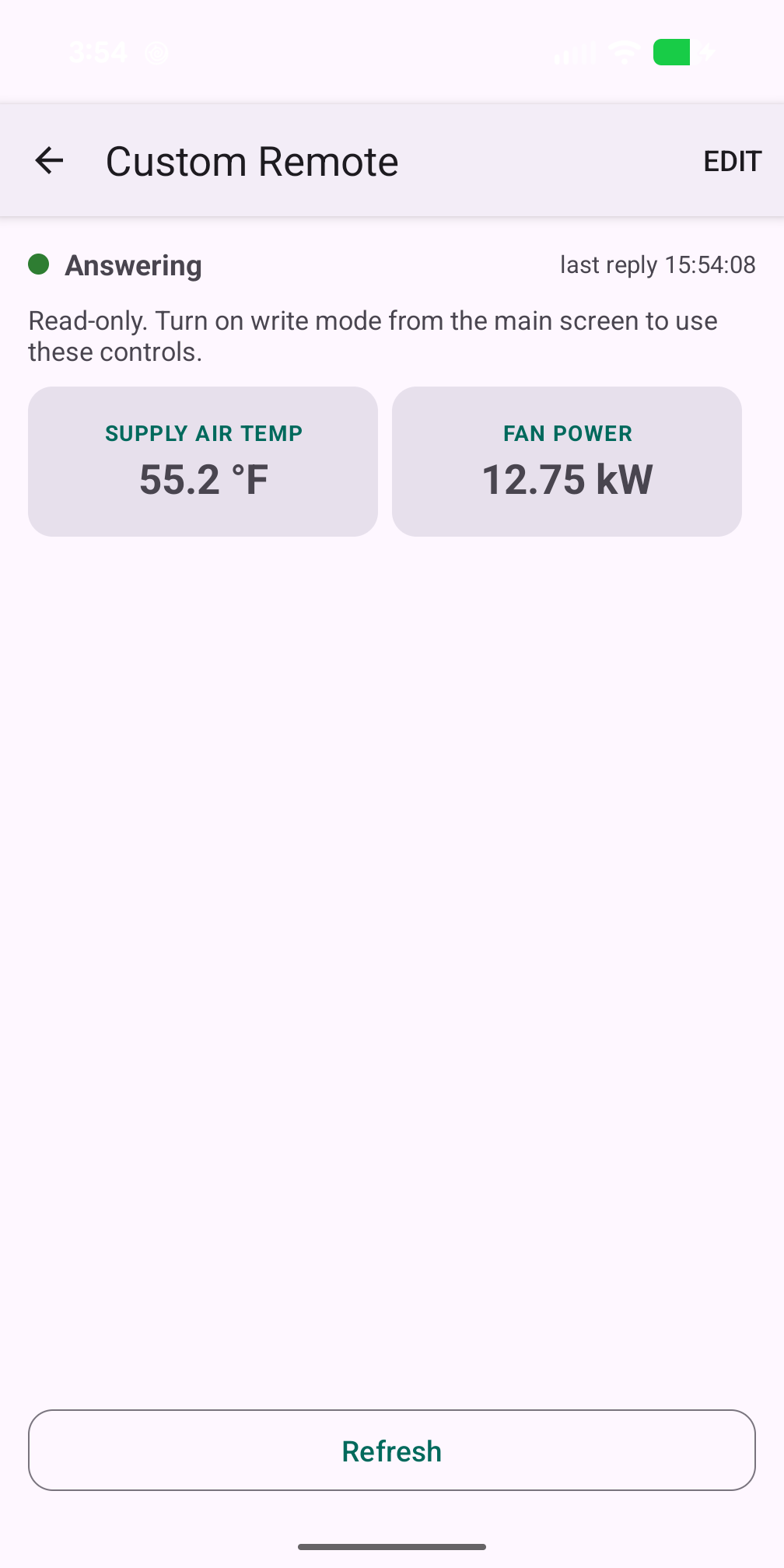 A custom remote with readout tiles, a setpoint and an on/off toggle