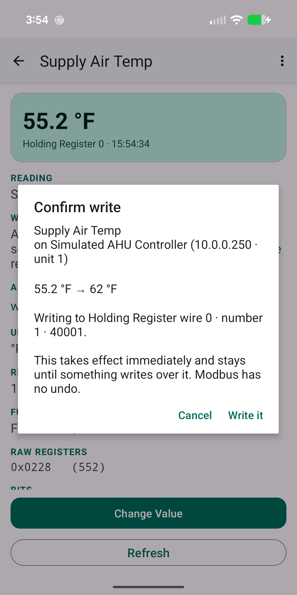 Write confirmation summary showing device, register, current and new value