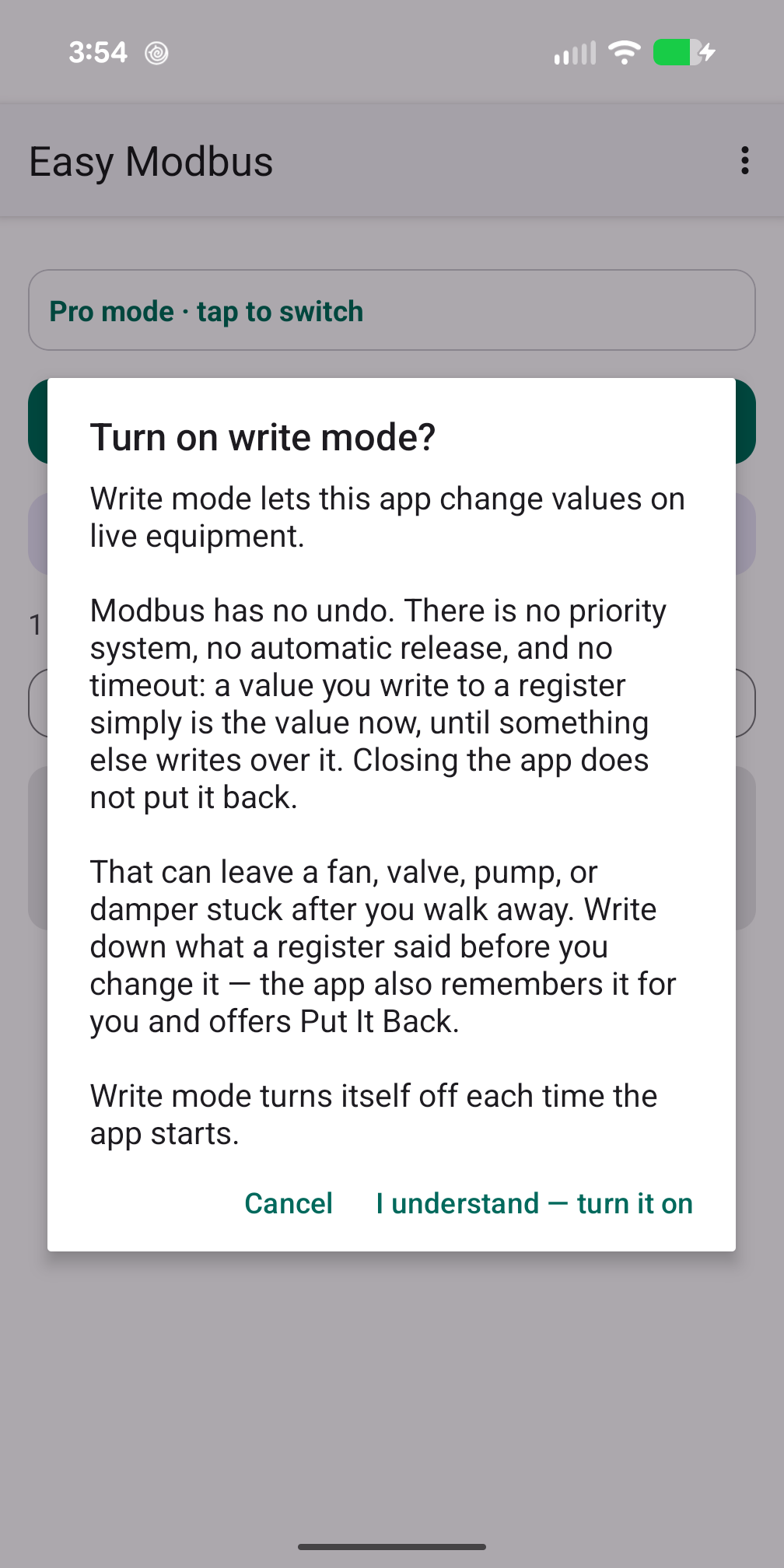 Easy Modbus write-mode warning dialog explaining that writes have no undo, before enabling writing